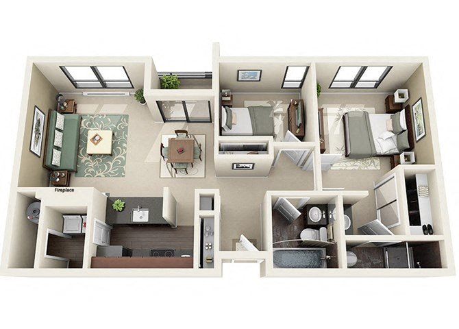 Floor plan for 2 beds, 2 baths, 1250 sqft